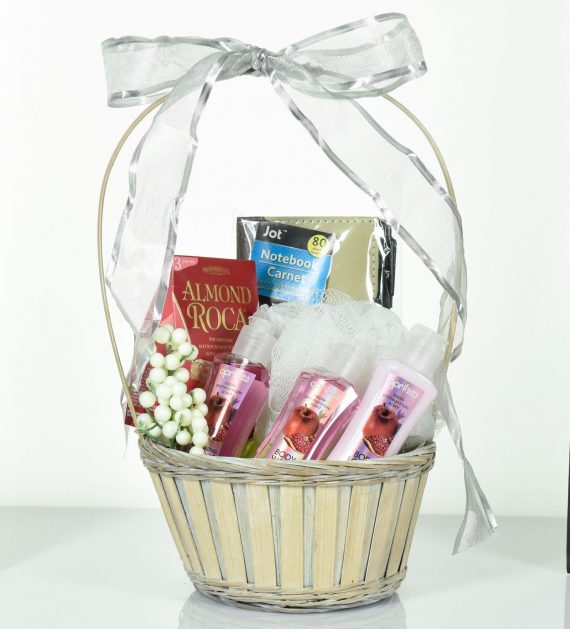 Spa-Gift-Basket-Body-Wash-Shampoo-Lotion-Pocket-Notebook-AlmondRoca-Candy-0